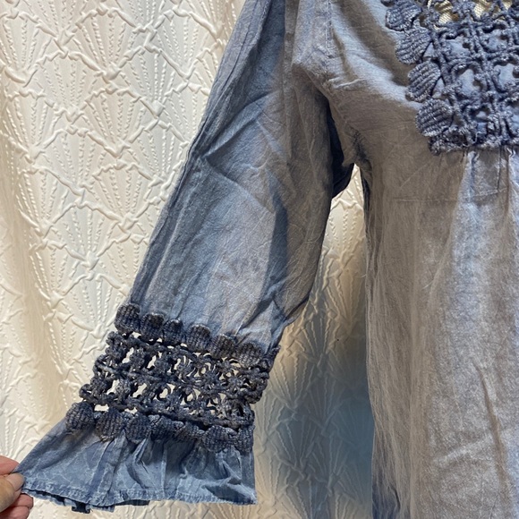 Noelle size s/m Blue Crochet lace neckline hem and sleeves 100% cotton - Picture 11 of 14